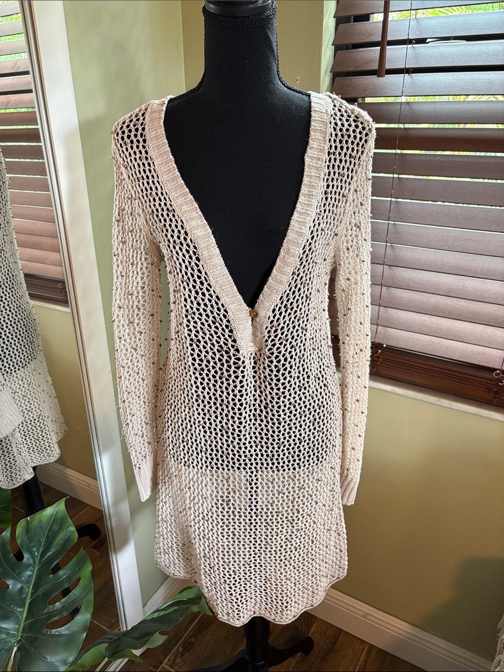 Chic Tommy Bahama Cream Open-Knit V‑Neck Swim Cover-Up with beaded accents